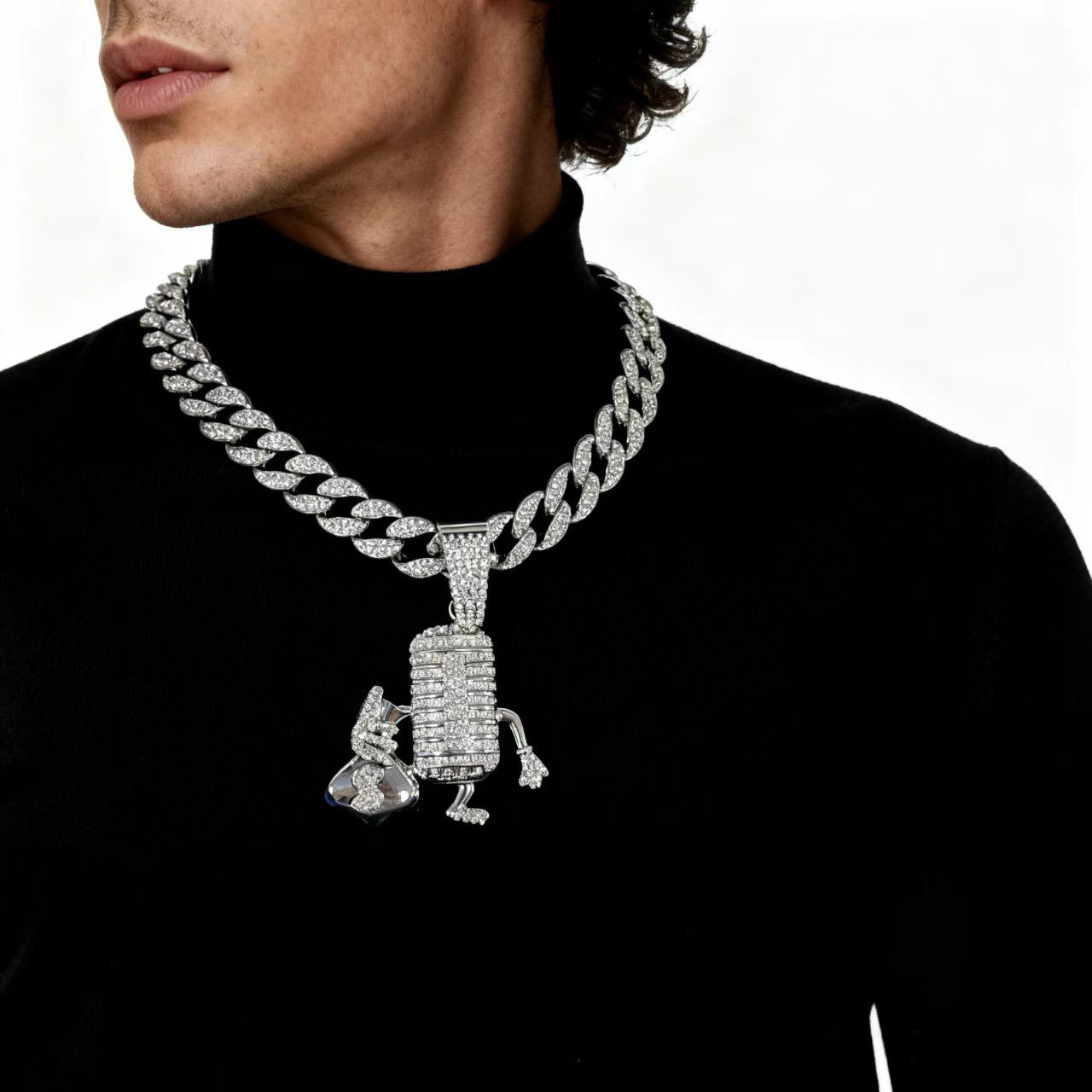 Pokémon transfronterizos llenos de diamantes super sueños pop hip hop bolsas de mano micrófono colgante joyería collar cubano hombre