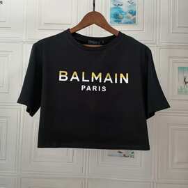 潮牌欧货巴尔曼拼接植绒字母balmain百搭上衣棉质短款休闲T恤