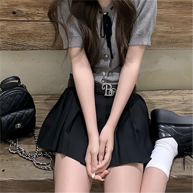 套装女夏韩系学院风爱心镂空灰色短袖针织开衫高腰显瘦百褶半身裙|undefined