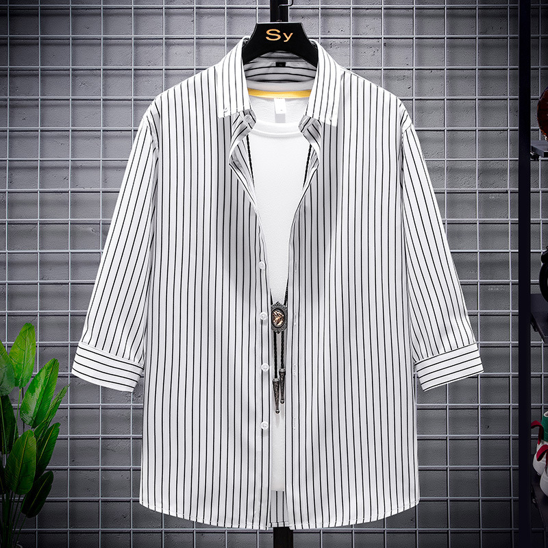 2026 New Summer Style Men's Slim-Fitting Three-Quarter Sleeve Striped Shirt Korean Style Youth Fashion Trendy Casual Shirt for Men 2026 New Summer Style Men's Slim-Fitting Three-Quarter Sleeve Striped Shirt Korean Style Youth Fashion Trendy Casual Shirt for Men