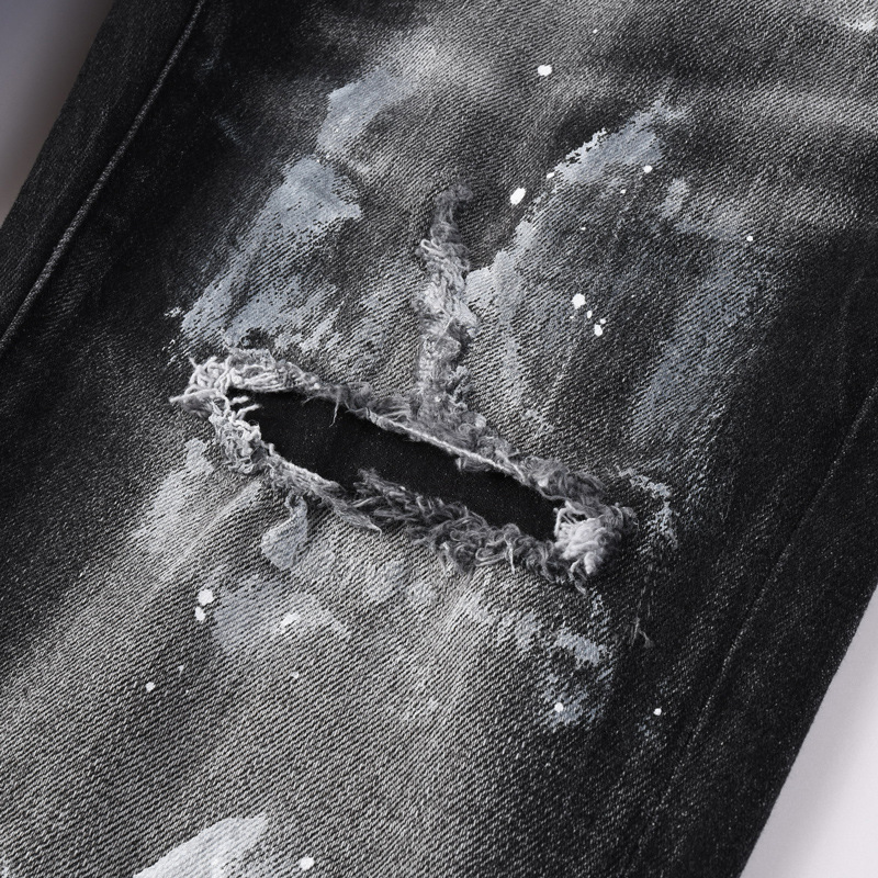 Men's Distressed Slim Fit Jeans Black Grey Washed Denim Pants with Paint Splatter And Knee Rips Streetwear Skinny Trousers_mkmklike.com