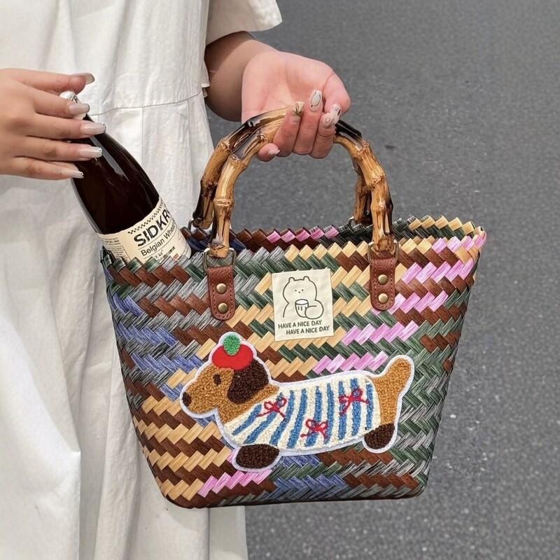 Hand-woven bamboo tote bag for women, vintage basket-style handbag, available in multiple colors, suitable for summer and the beach