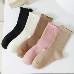Children's socks Autumn/Winter black fungus edge for girls, mid-calf socks, brown series, girls' puffy socks, cotton socks for students, girls' socks