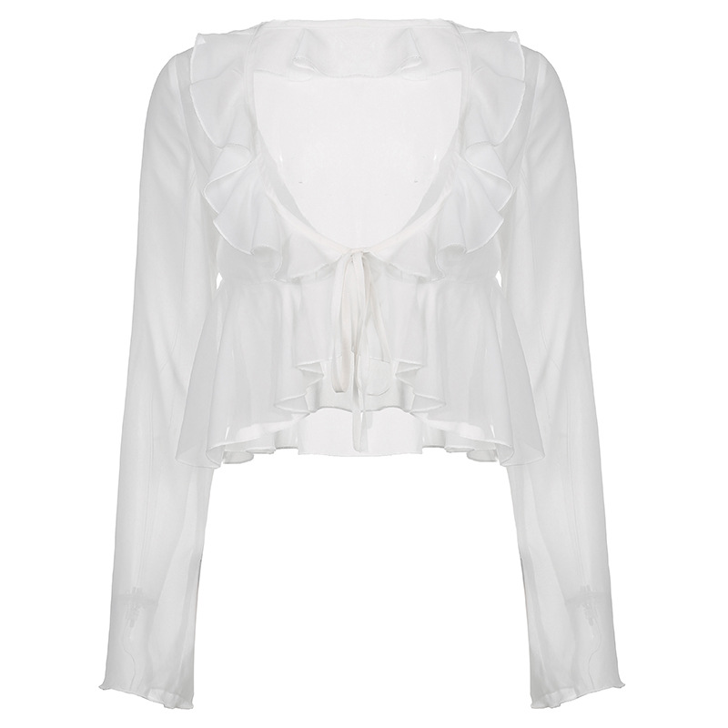 solid color see-through chiffon V-neck ruffled long-sleeved crop cardigan NSKAJ135386