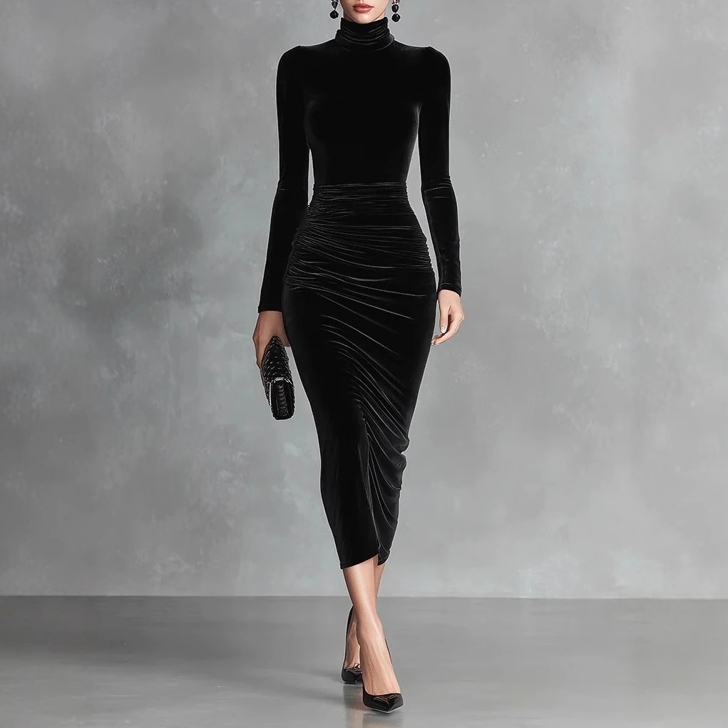 2025 European and American Women's Clothing Amazon Independent Station Pure Color Long-Sleeved High-Neck Hip-Covering Gold Velvet Dress Long Skirt