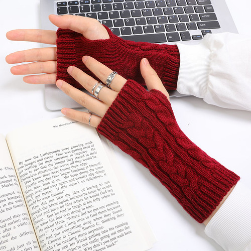 暗黑色山本半指手套女ins潮范原宿风男麻花手套护腕毛线针织露指