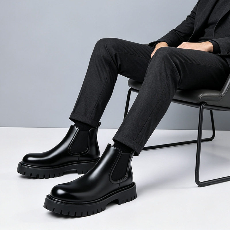 Giày bốt Martin nam cổ cao da lì, kiểu Chelsea, đế thấp 1–3 cm — Da nâu, Da đen