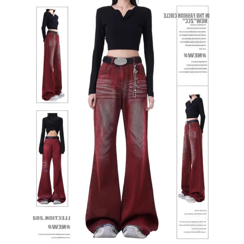 Red Low Waist Micro Horn Jeans Women's Autumn 2024 New Style Street-fried Loose Straight Wide Leg Long Pants