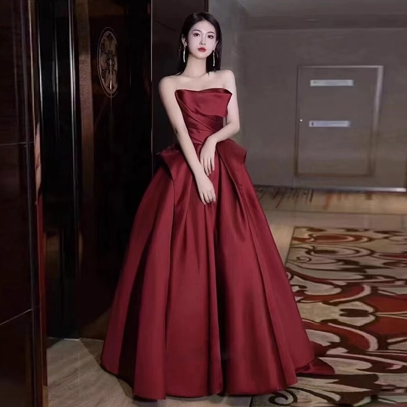 Strapless Bride's Toast Dress in Burgundy, High-End Feel, 2026 New Satin Engagement Wedding Gown, Long Evening Dress