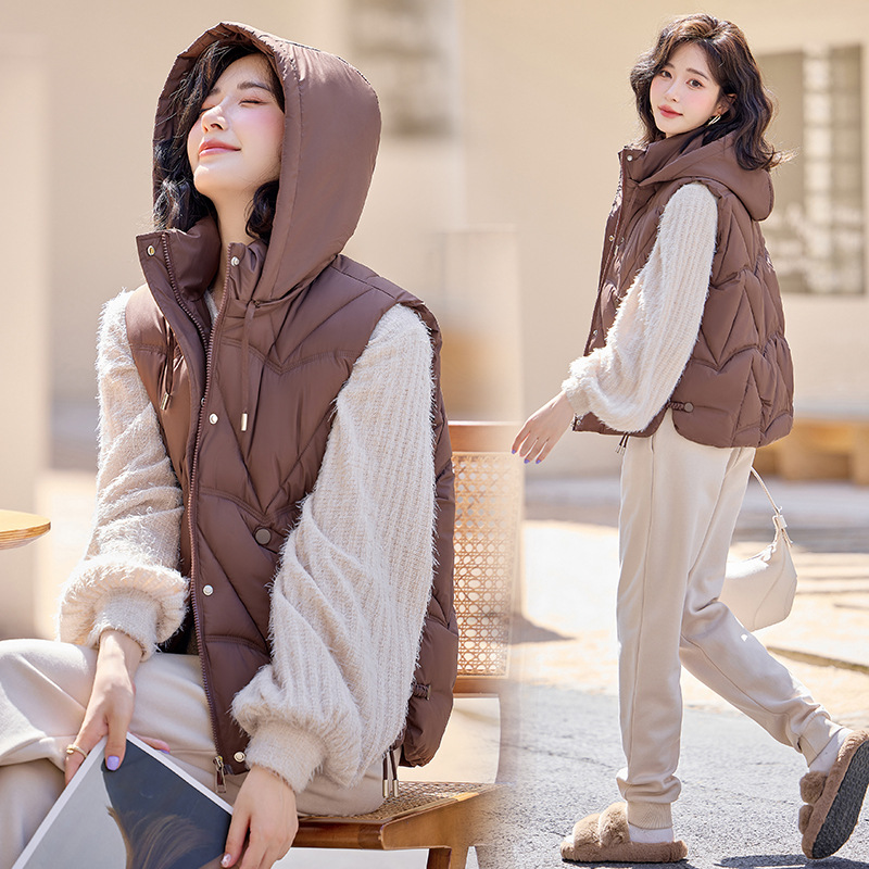 Comercio exterior transfronterizo chaleco de algodón de plumón de mujeres otoño y invierno nuevo tipo pequeño chaqueta de abrazadera de caballo de cuello vertical con hombro de camisa