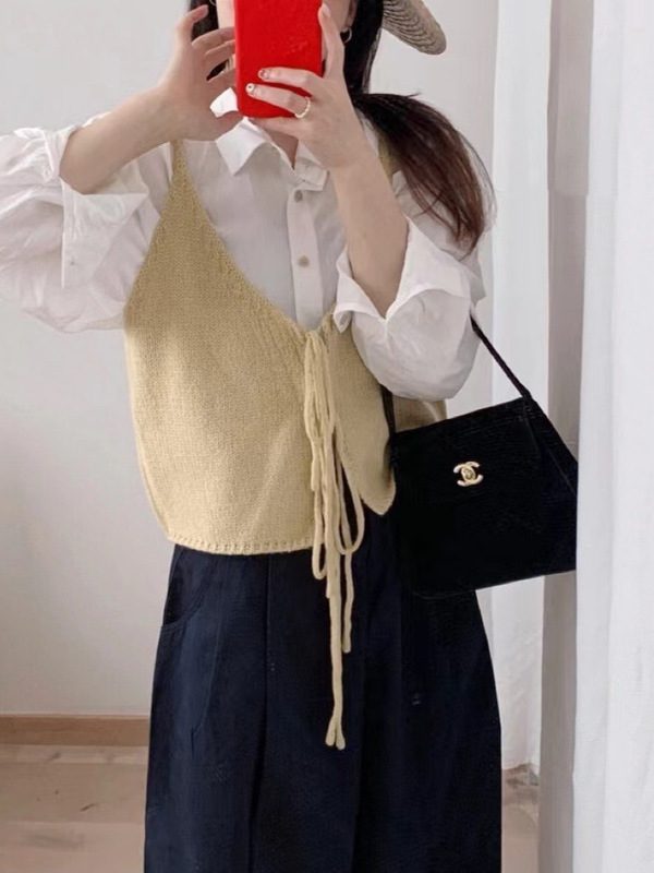 韩系双V领绑带针织开衫马甲女2025秋季气质休闲显瘦吊带背心外搭|undefined