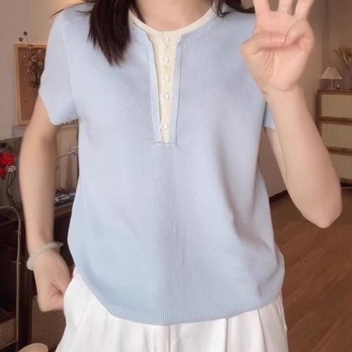 Plus Size Striped Mock Two-Piece Ice Silk Short-Sleeve Knit Top for Women 2025 Summer Fat MM Fashion Loose Youthful Upper Body Shirt