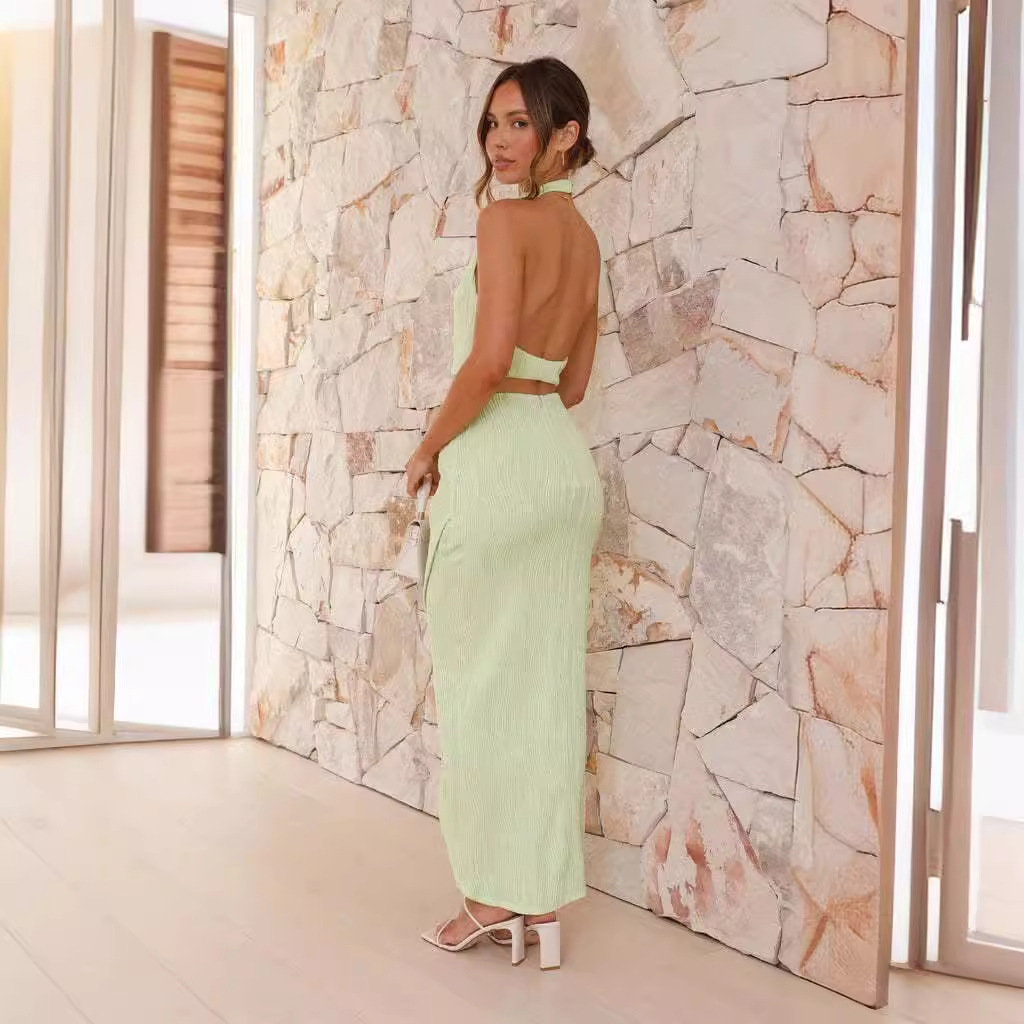 2026 nuevo estilo de verano europeo y americano sexy color sólido colgar bolsas de cuello gorda de ropa delgada vestido de moda femenina