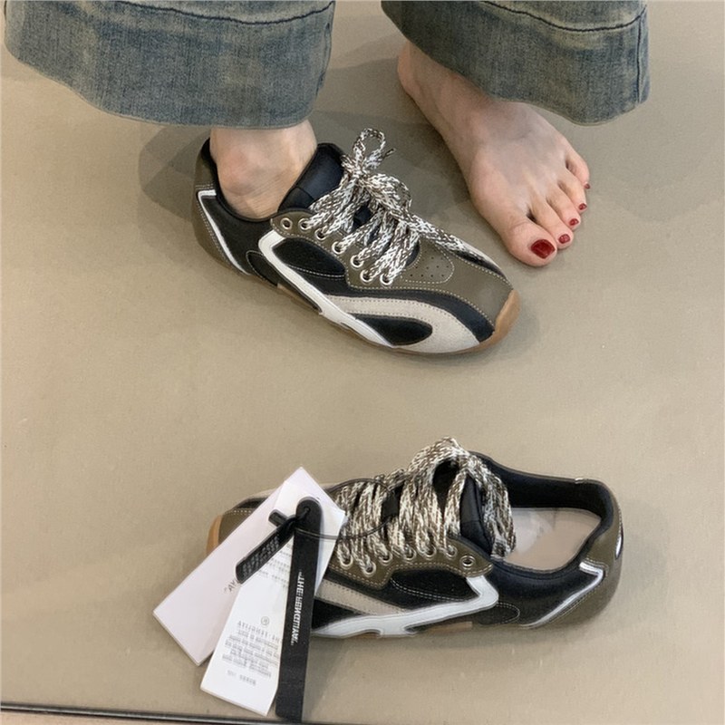 牛皮版~复古休闲鞋拼色德训鞋系带平底运动鞋女户外跑步阿甘鞋潮|undefined