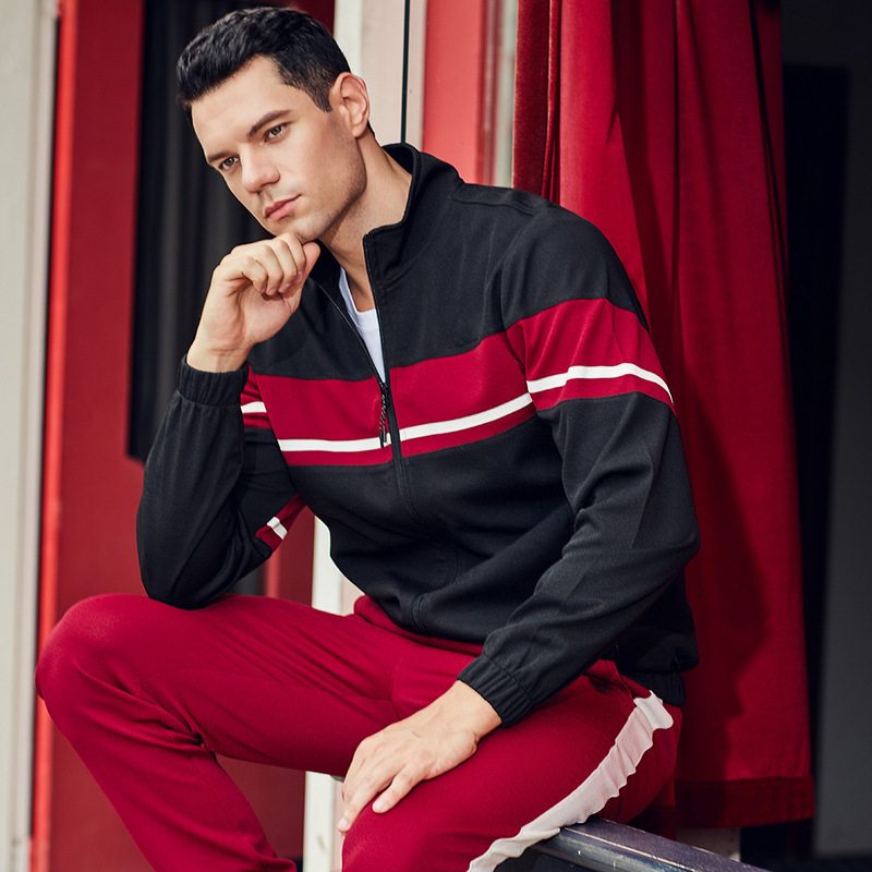 Cross-Border Autumn and Winter New Large Size Youth Sweatshirt Suit Men's European and American Trendy Contrasting Color Cardigan Sports Two-Piece Set Wholesale