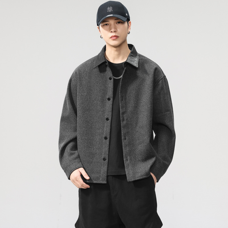 American High-End Heavyweight Leather Lapel Textured Wool Loose Casual Shirt Jacket American High-End Heavyweight Leather Lapel Textured Wool Loose Casual Shirt Jacket