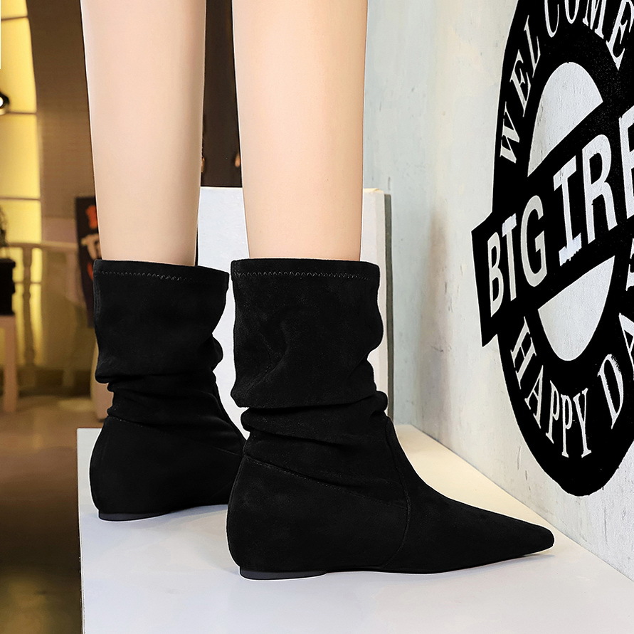 6383-6 Women's Mid-Calf Slim Vintage Versatile Height-Increasing Suede Fashion Ankle Boots, Pointed Toe Short Boots_voghion.com