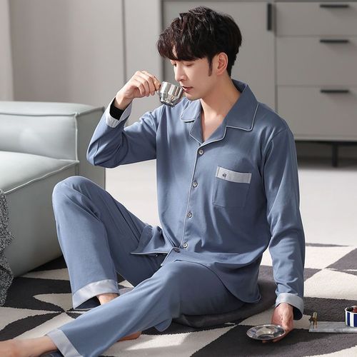 Men's Sleepwear Autumn/Winter Long Sleeve Set 100% Cotton Mid-Youth Loose and Fat Plus Size Collared Pajamas Home Wear
