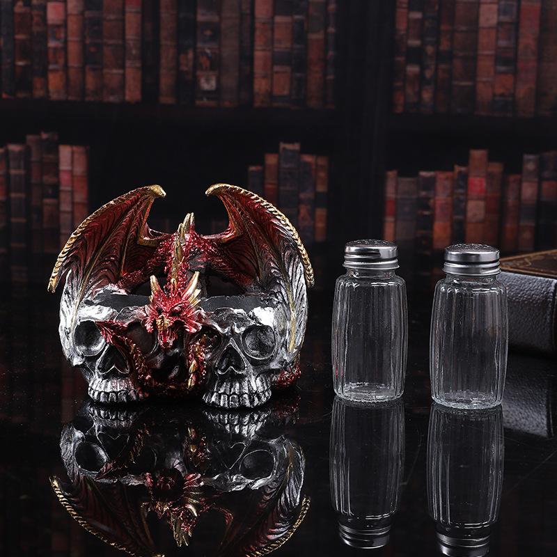 Halloween Skull Dragon Seasoning Bottle Ornaments Skull Head Pepper Salt Pot Resin Crafts Horror Seasoning Pot Decorations