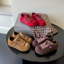 欧货磨砂红色大头系带面包鞋休闲板鞋显瘦德训鞋平底鞋运动鞋女鞋
