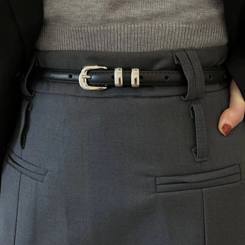 Women's New Thin Belt Women's Decorative Simple All-Match Thin Belt Silver Buckle Pin Buckle Summer Fashionable Jeans Trouser Belt