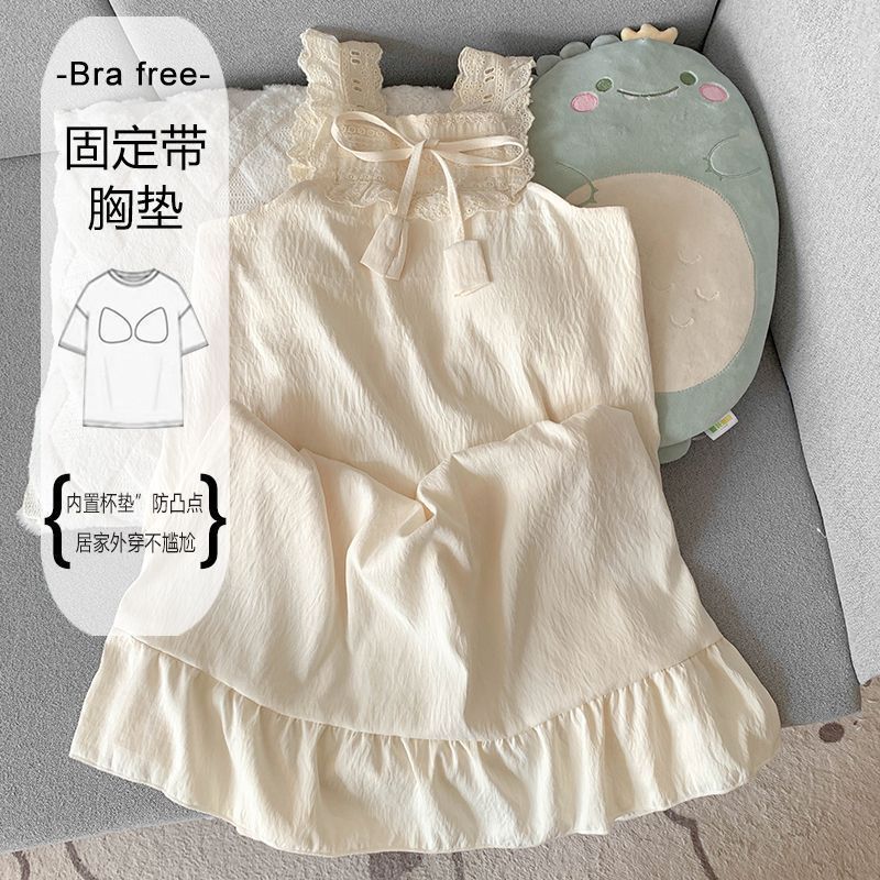 Chaleco de encaje camisón verano pijamas de mujer nube cinturón de algodón cojín en el pecho sin mangas vestido de princesa suelto ropa de casa verano