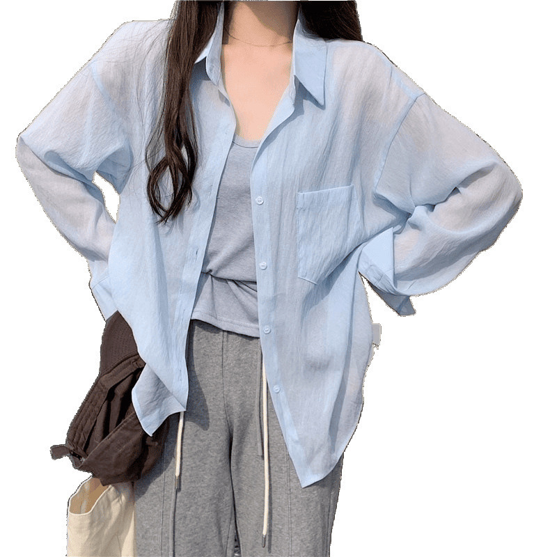 女性用無地半透明日焼け止めシャツ、夏用薄手カーディガン、ニッチなドレープブラウス、シャツジャケット、トップス|undefined