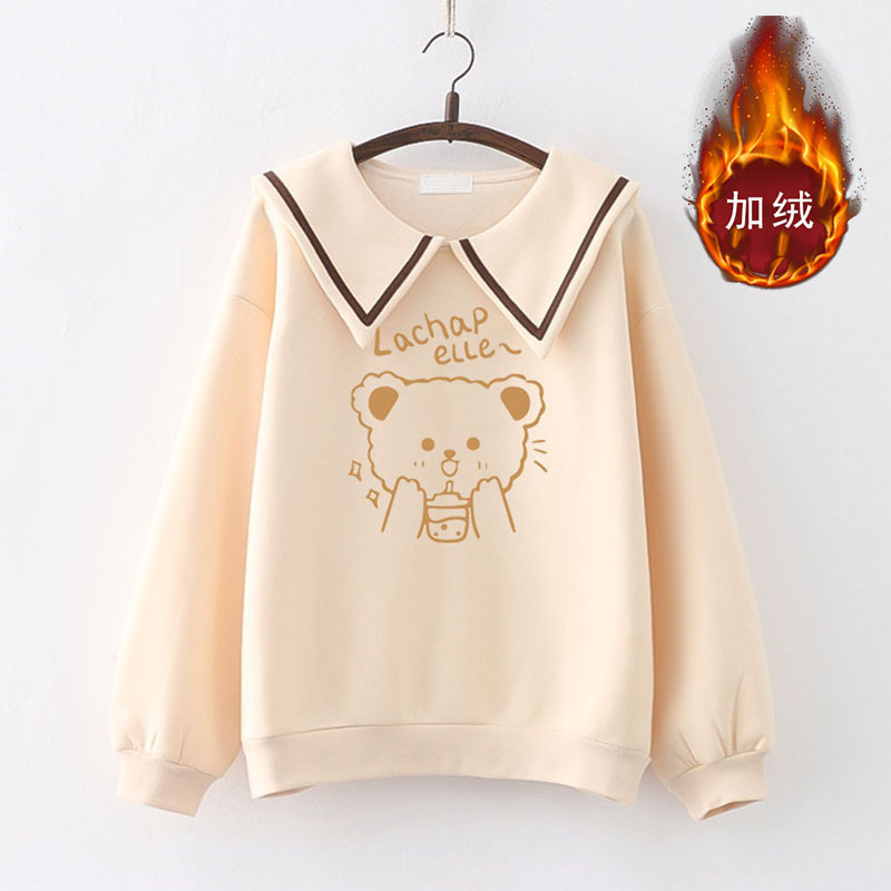 Junior high school students fleece-lined thickened doll collar sweater women's autumn and winter bottoming Navy style girls' long-sleeved top