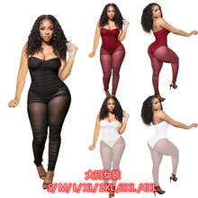 Y1815 现货 欧美跨境女装 夜店  性感吊带褶皱网纱连体裤