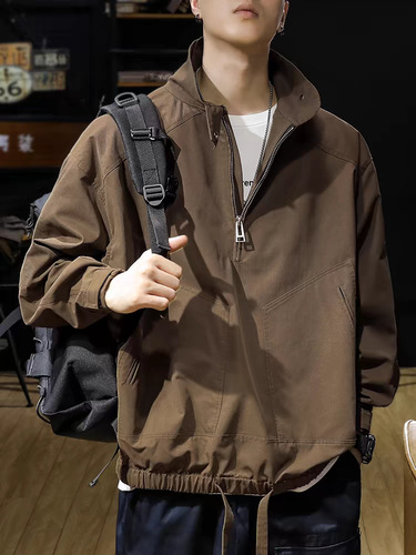 Retro American overalls men's semi-zipper coat spring and autumn fashion brand loose pullover stand-neck jacket