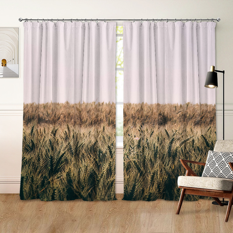 Customized Wind-Blown Wheat Field Scenery Curtains, Digitally Printed Blackout Balcony Curtains, Dropshipping from the Factory