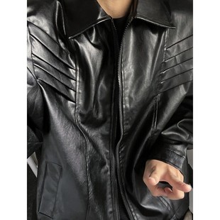 2025 Export Men's New Shark Fin Leather Jacket Short Shoulder Pad Pure Color Trendy Brand Jacket