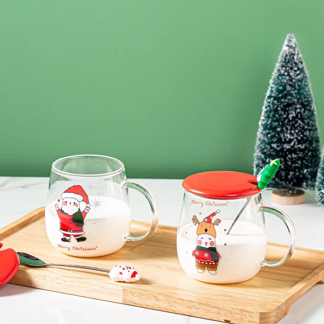 Creativo personalizado vidrio árbol de Navidad ancianos taza de agua regalo dibujos animados muñeco de nieve taza con tapa cuchara taza de café