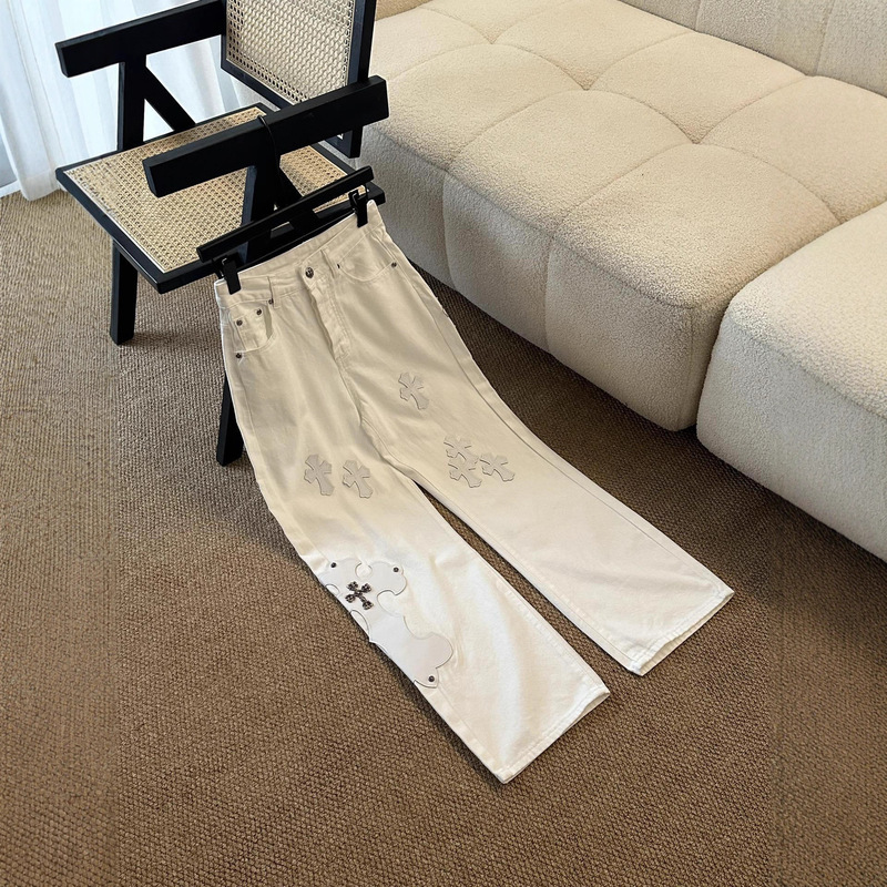 High Version ~ Crowe Cross Leather Label Washed Jeans Loose Straight Pants Women's White Jeans Women