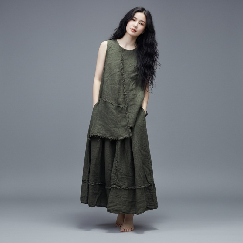26 Spring/Summer New Artistic Linen Frayed Edge Irregular Vest Original Style Casual T-Shirt Export Supply
