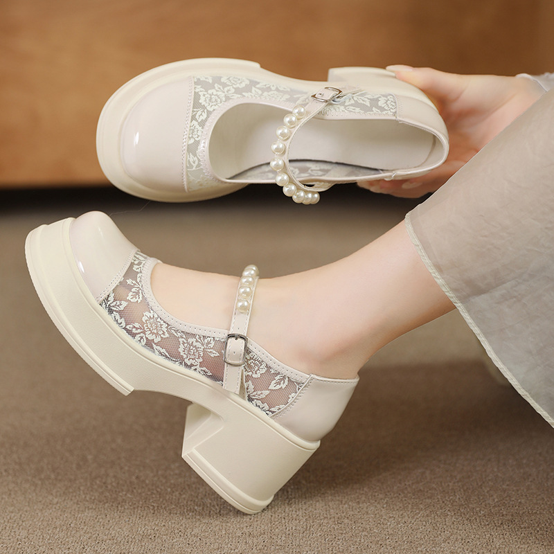 白色法式厚底珍珠玛丽珍单鞋女2024新款复古日系增高小皮鞋高跟鞋