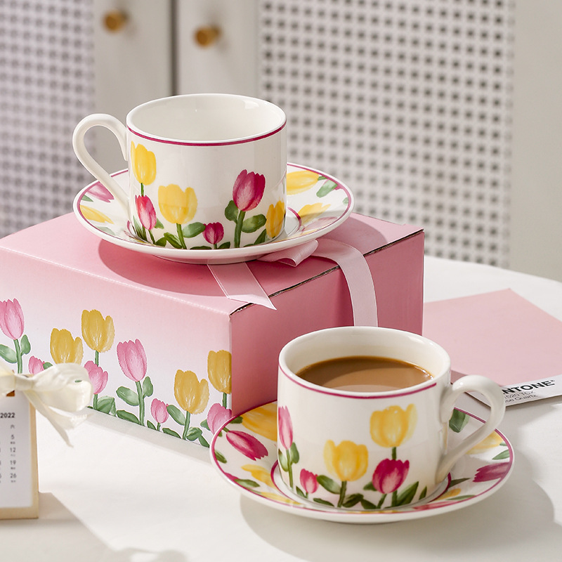 粉色郁金香陶瓷咖啡杯 杯碟伴手礼套装韩式高颜值下午茶马克杯