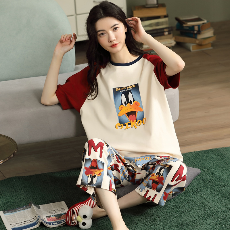 New cropped pants pajamas women's summer cotton two-piece two-piece short sleeve student Korean style cute homewear can be worn outside