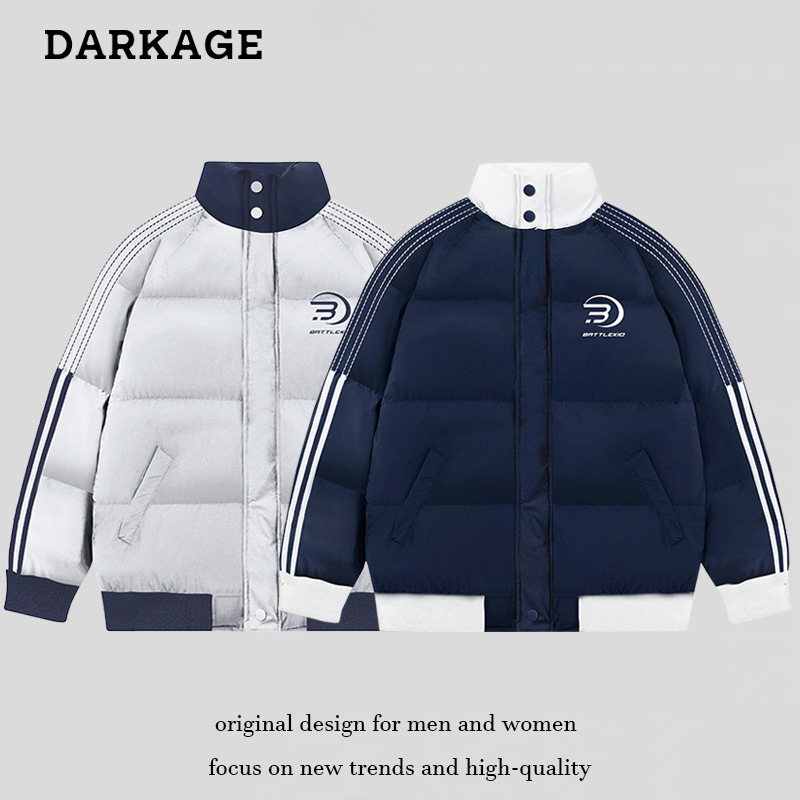 Moda nacional Color americano a juego lado a rayas de algodón acolchado abrigo de los hombres y las mujeres de invierno engrosada pareja de pan abrigo cálido