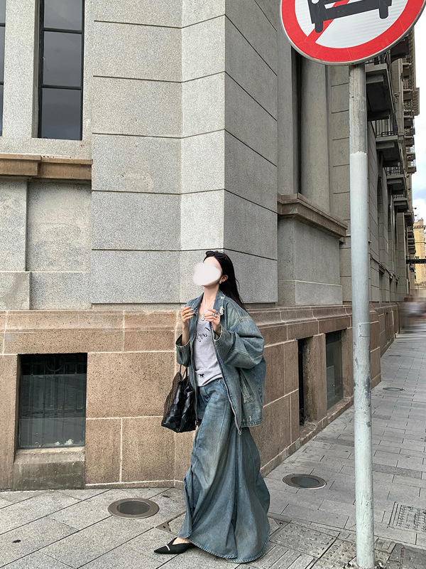 区区欧阳 做旧磨破牛仔外套女秋季新款休闲宽松美式复古夹克上衣|undefined