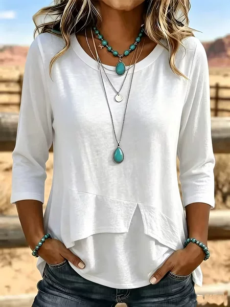 2026 Spring/Summer Cross-Border Women's Fashion European and American Foreign Trade New Style Slimming Solid Color Patchwork Round Neck Asymmetrical Hem