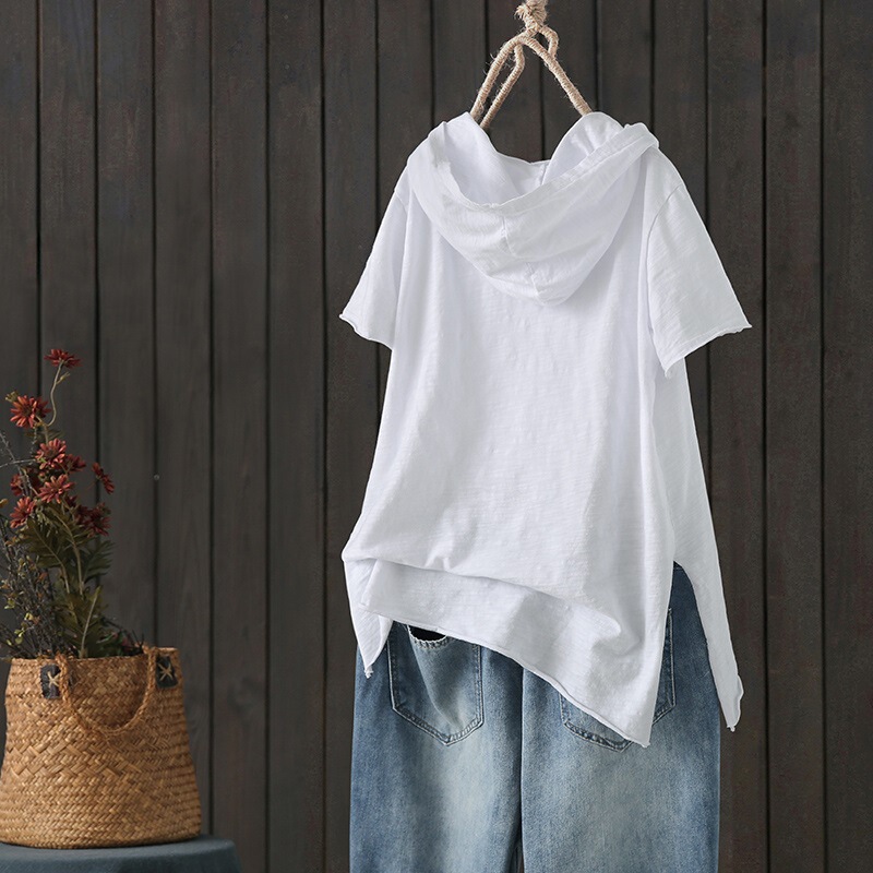 Spring and Summer New Hooded Artistic Bamboo Cotton Short-Sleeve T-Shirt for Women, Loose Fit with Ripped Side Slits, Base Shirt Top