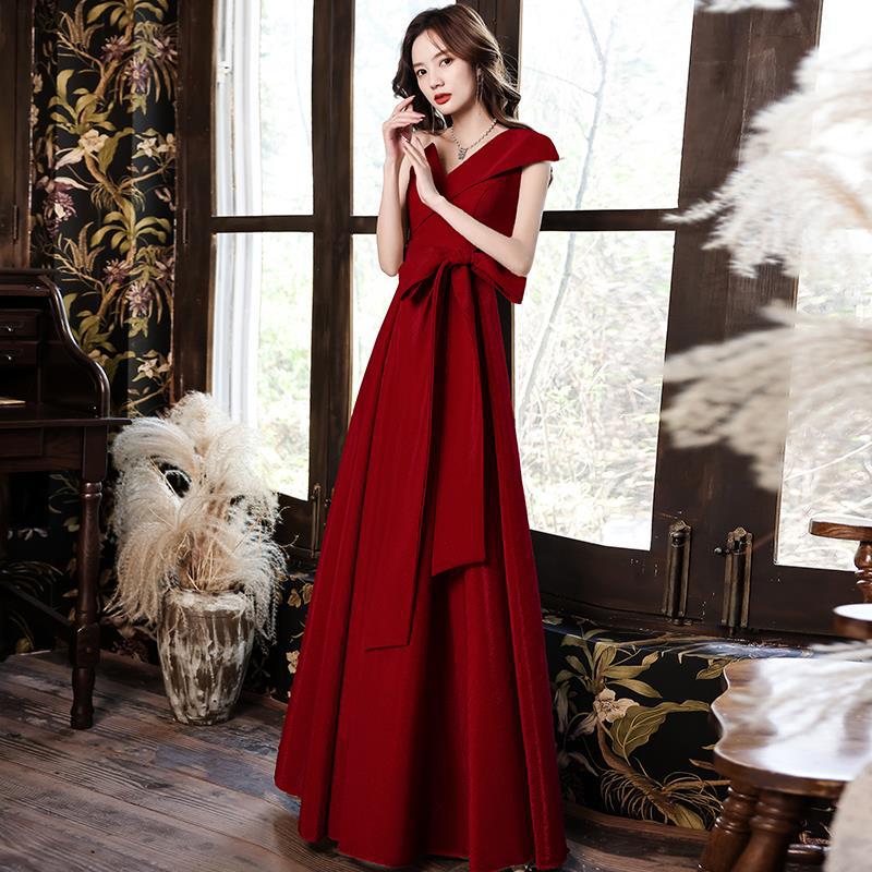 Vestido tostado novia vino rojo verano estilo de un hombro vestido largo orden boda de regreso a la puerta Gracias banquete vestido de noche