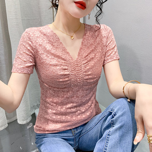 Summer Fashion V-neck Beaded Lace T-shirt Women's Short-sleeved European-style All-match Slimming Western-style Slim-fit Half-sleeved Shirt Top