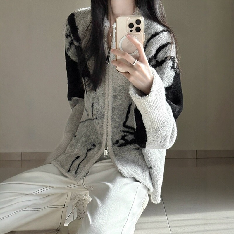 Anno Mori American Autumn and Winter Vintage Knitwear Lazy Style Loose Double Zipper Knitwear Imitation Mink Cardigan