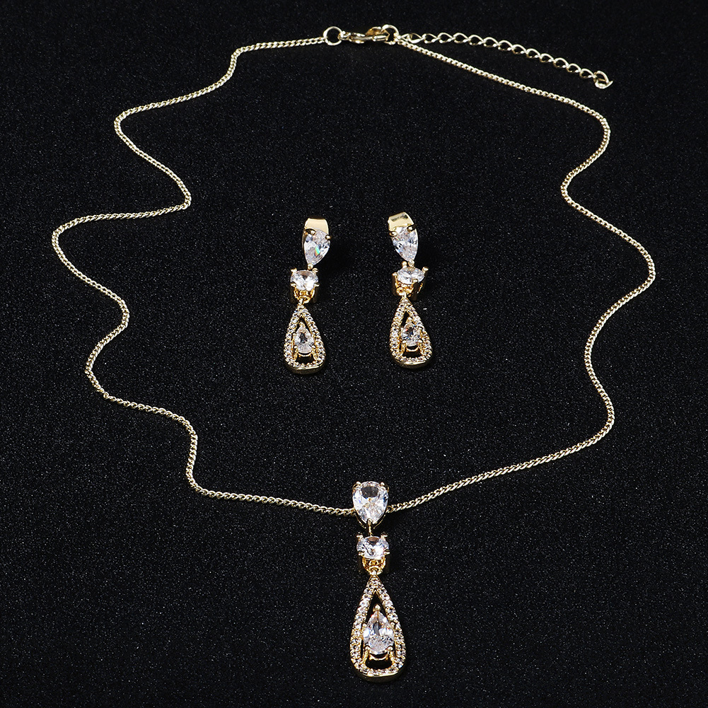 Fashion Zircon Pendant Long Drop-shaped Necklace Earrings Set Wholesale Nihaojewelry display picture 1