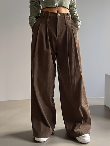 Retro brown corduroy wide-leg pants cross-border women's high-waist pleated pants draping and slimming Amazon spring and summer