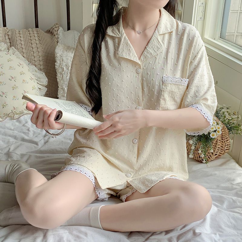 Pijamas mujeres verano nuevo estilo encaje peinado jacquard algodón casual de manga corta pantalones cortos solapa cárdigan traje de servicio a domicilio