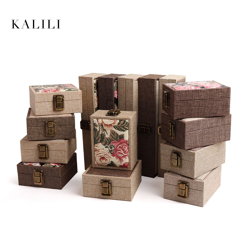 中式复古麻料首饰盒礼品盒文玩金属锁扣吊坠盒手镯盒手串收纳盒子