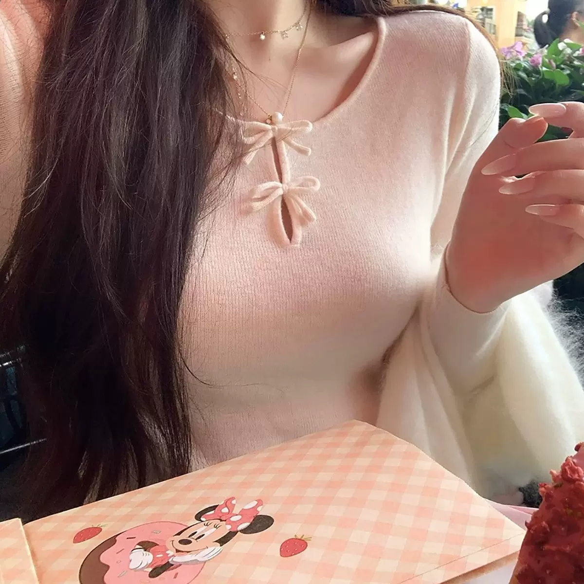 现货双倍甜意 羊毛蝴蝶结打底针织衫上衣女冬季新款内搭圆领毛衣